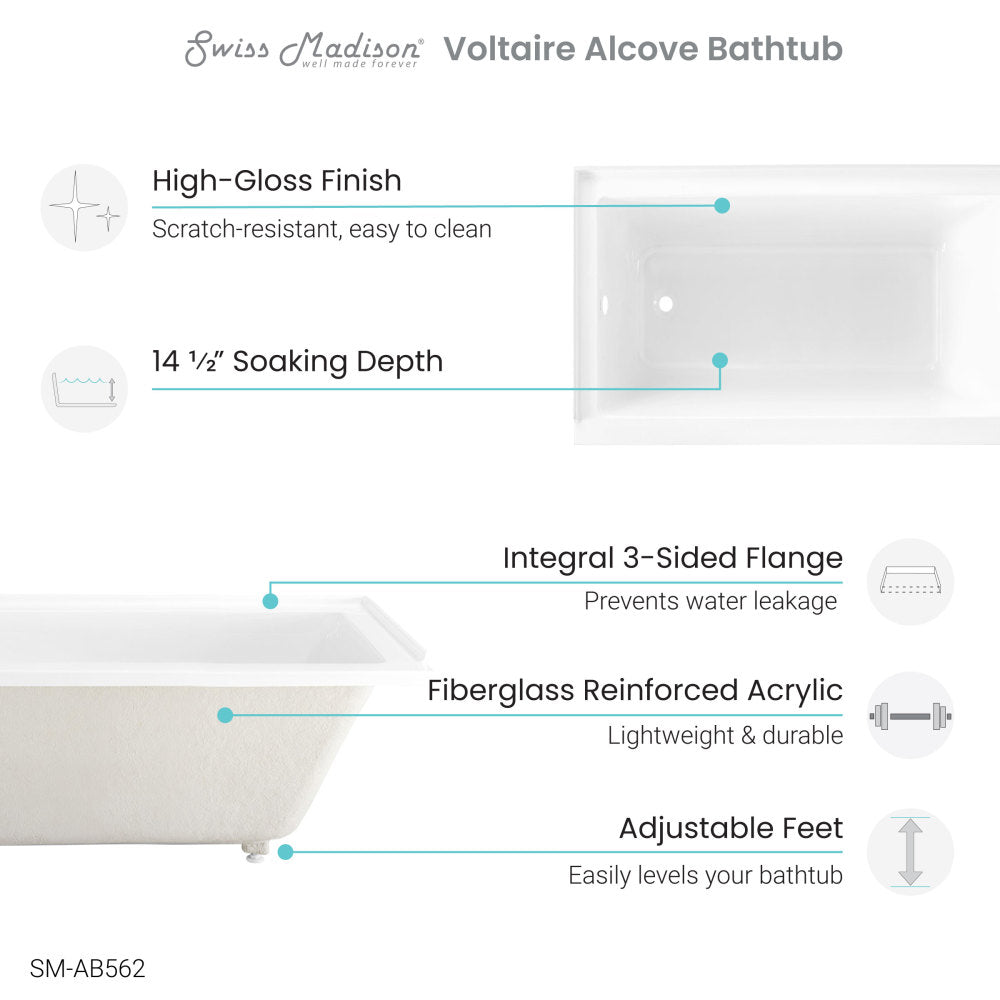 Voltaire 54" x 30" Acrylic Glossy White, Alcove, Integral Left-Hand Drain, Bathtub