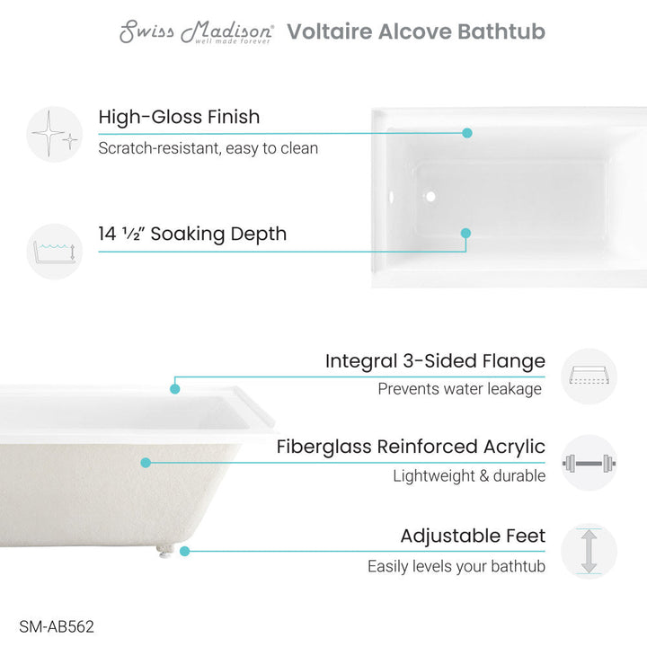 Voltaire 54" x 30" Acrylic Glossy White, Alcove, Integral Left-Hand Drain, Bathtub