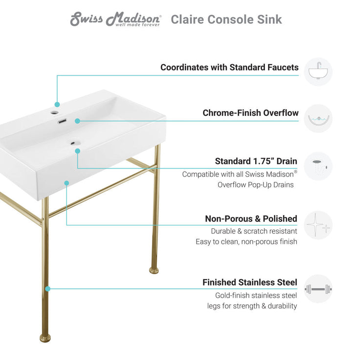 Claire 30 Ceramic Console Sink White Basin Gold Legs