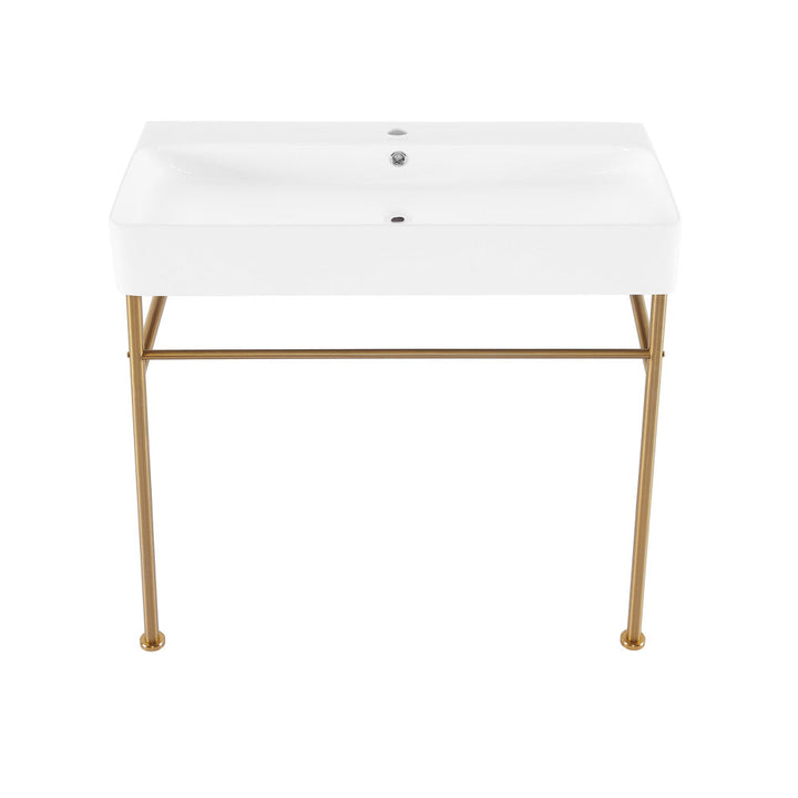 Carre 36 Ceramic Console Sink White Basin Brushed Gold Legs