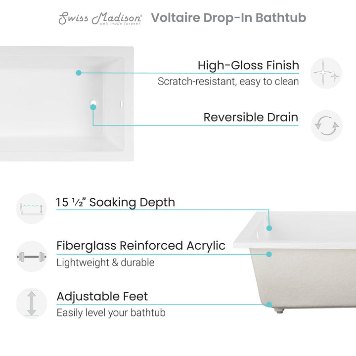 Voltaire 72" x 36" Reversible Drain Drop-In Bathtub