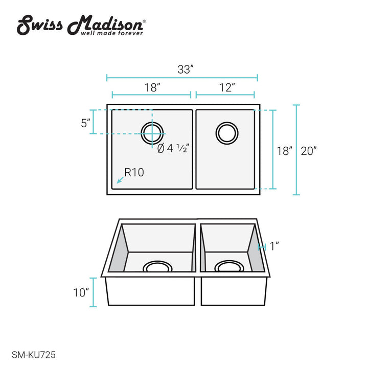 Rivage 33 x 20 Stainless Steel, Dual Basin, Undermount Kitchen Sink