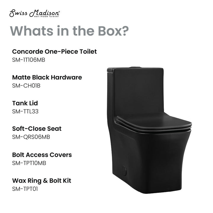 Concorde One Piece Square Toilet Dual Flush in Matte Black, Black Hardware 1.1/1.6 gpf