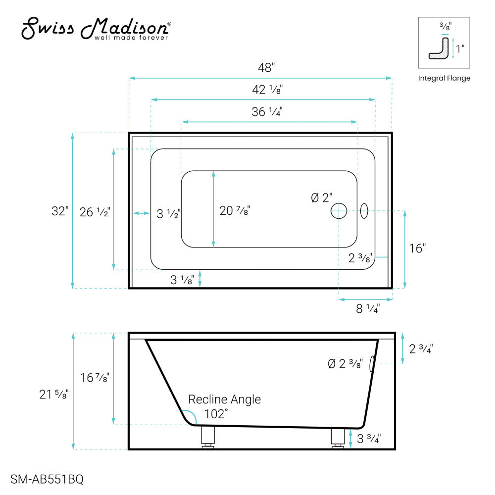 Voltaire 48" x 32" Right-Hand Drain Alcove Bathtub with Apron in Bisque