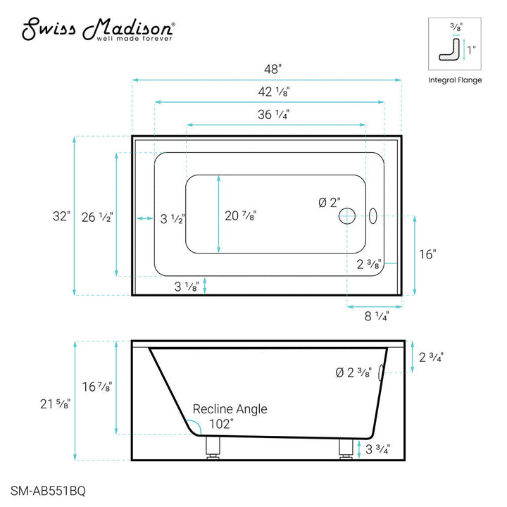 Voltaire 48" x 32" Right-Hand Drain Alcove Bathtub with Apron in Bisque