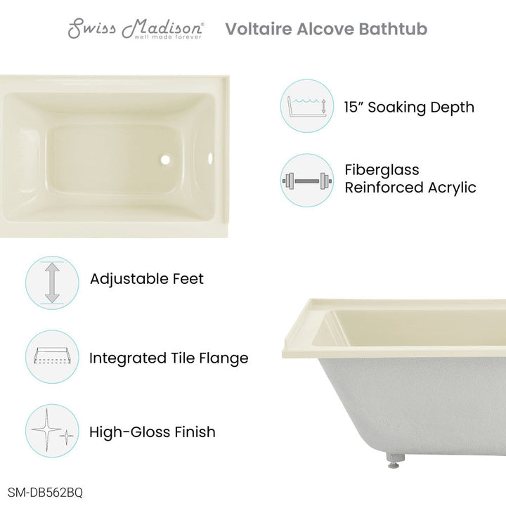 Voltaire 48" x 32" Right-Hand Drain Alcove Bathtub in Bisque