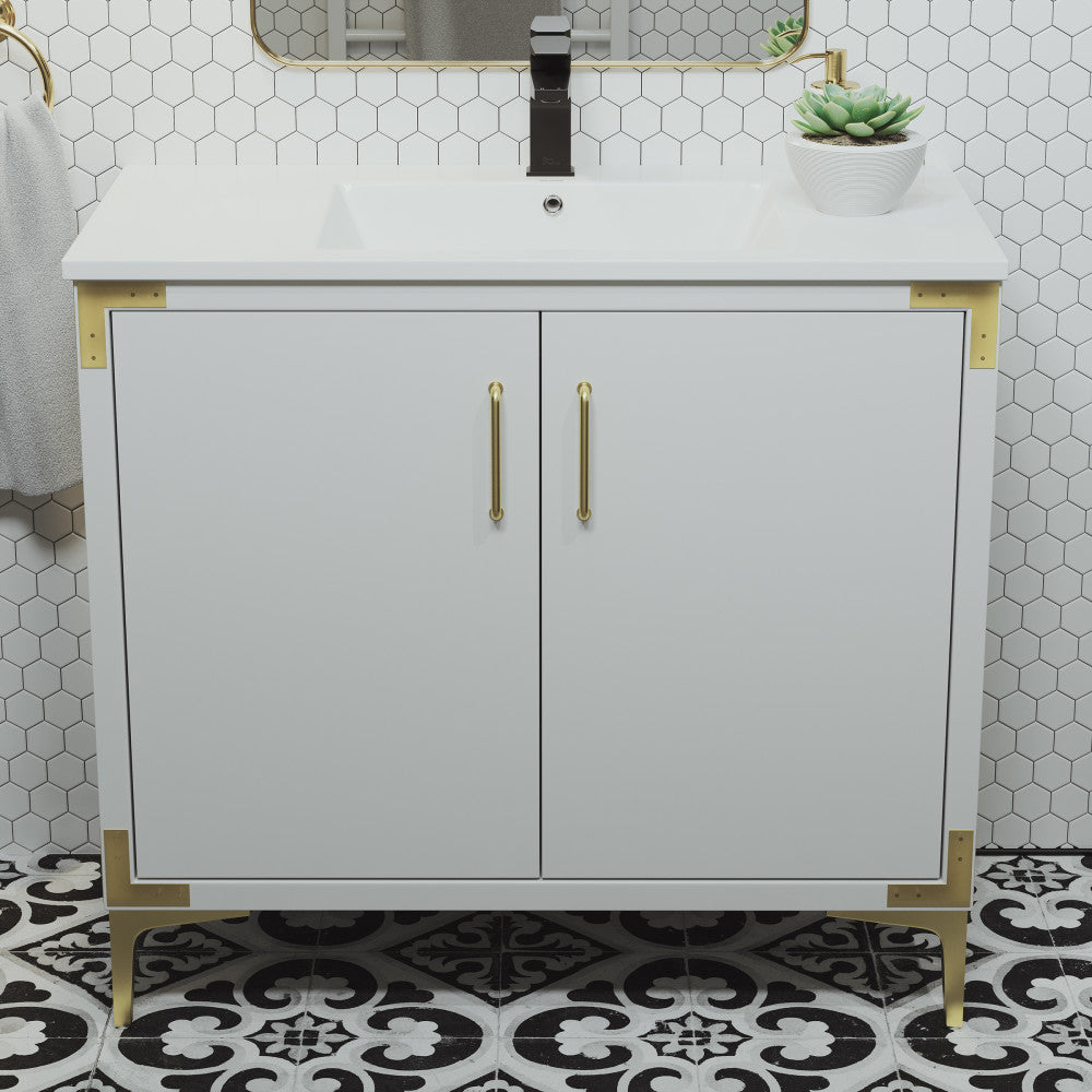 Voltaire 36" Single, Bathroom Vanity in White with Gold Hardware