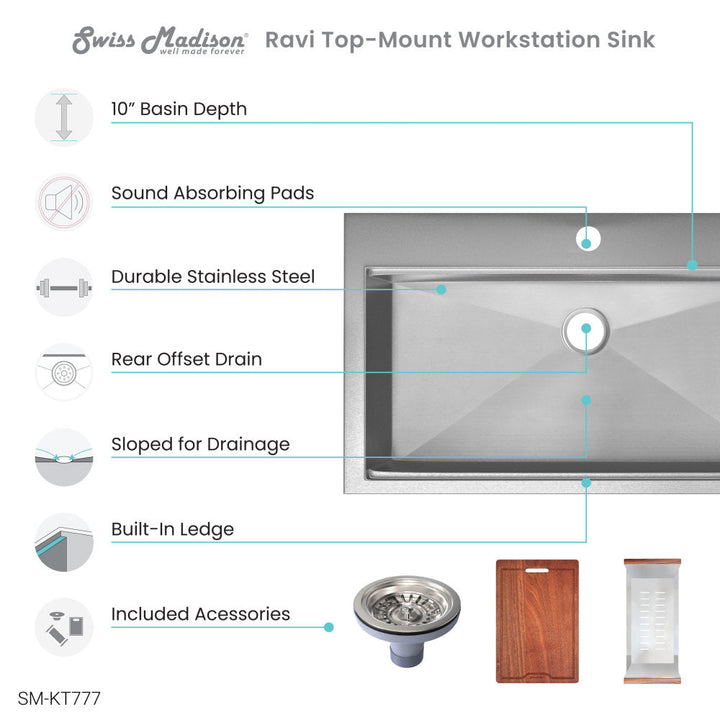 Ravi Single Basin 33 x 22 Topmount Kitchen Workstation Sink