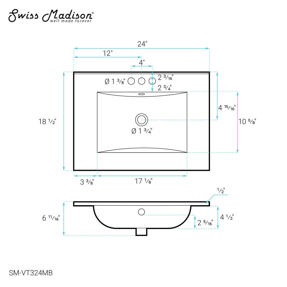 24" Ceramic Vanity Top with Single Faucet Hole in Matte Black