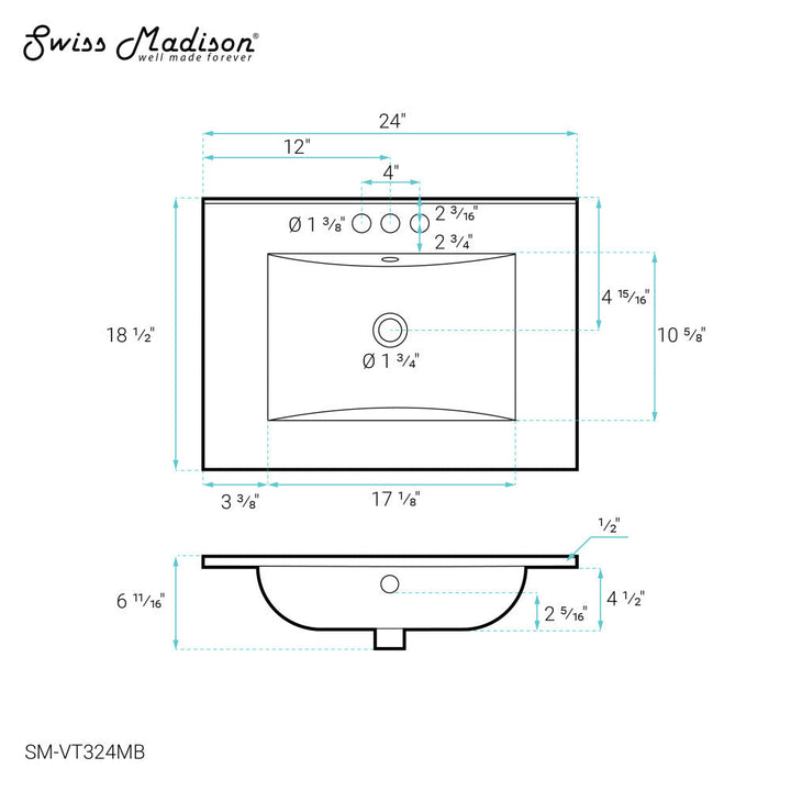 24" Ceramic Vanity Top with Single Faucet Hole in Matte Black