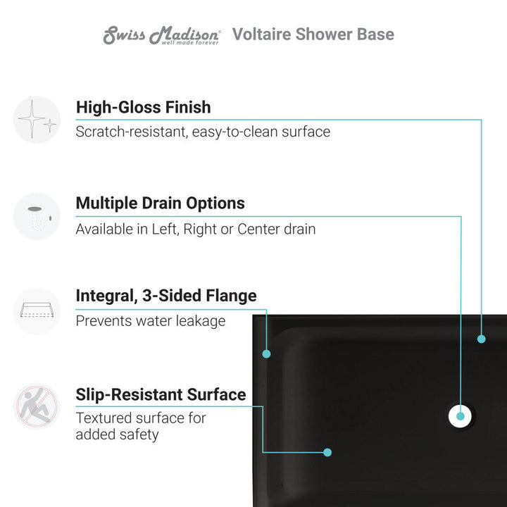 Voltaire 60" x 32" Acrylic Black, Single-Threshold, Center Drain, Shower Base