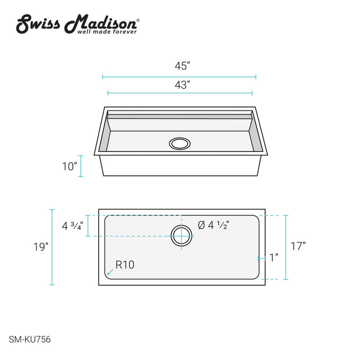 Rivage 45 x 19 Single Basin Undermount Kitchen Workstation Sink