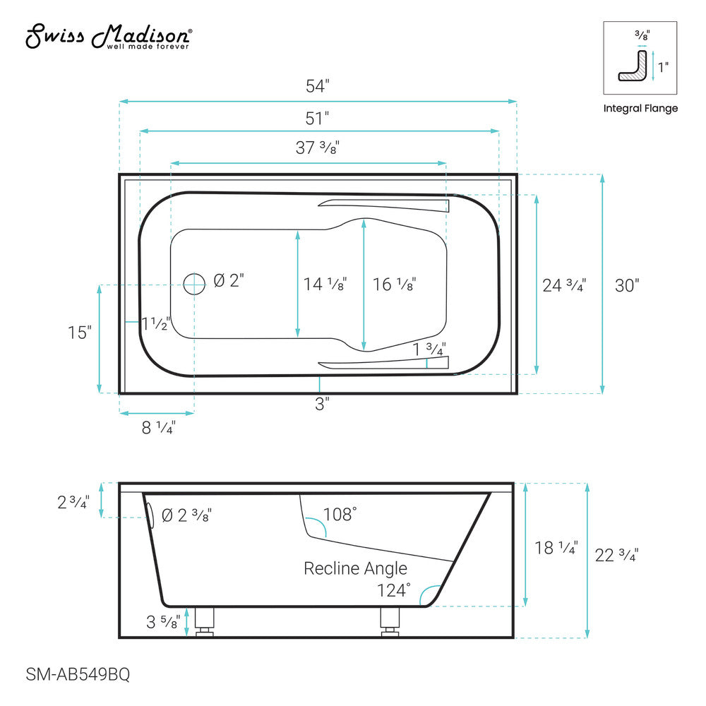 Voltaire 54" x 30" Left-Hand Drain Alcove Bathtub with Apron in Bisque