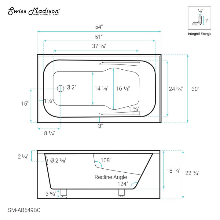 Voltaire 54" x 30" Left-Hand Drain Alcove Bathtub with Apron in Bisque