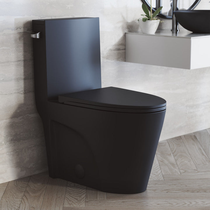 St. Tropez One-Piece Elongated Toilet Left Side Vortex Flush Handle in Matte Black 1.28 gpf