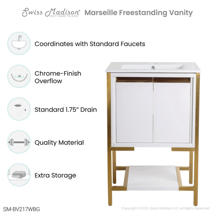 Marseille 24" Bathroom Vanity in White and Brushed Gold