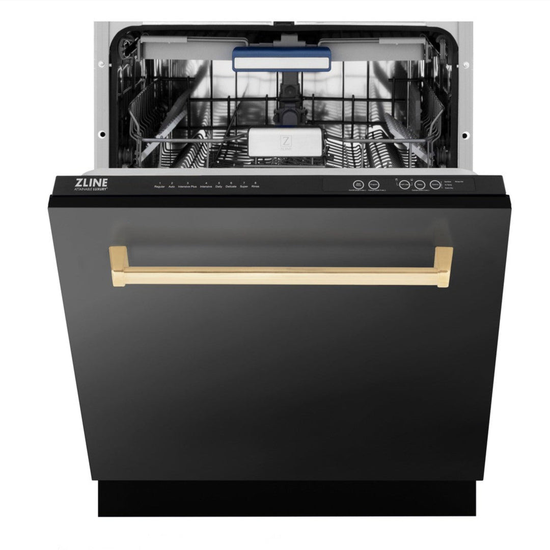ZLINE  24" Autograph Edition 3rd Rack Top Control Tall Tub Dishwasher in Black Stainless Steel with Champagne Bronze Handle, 51dBa
