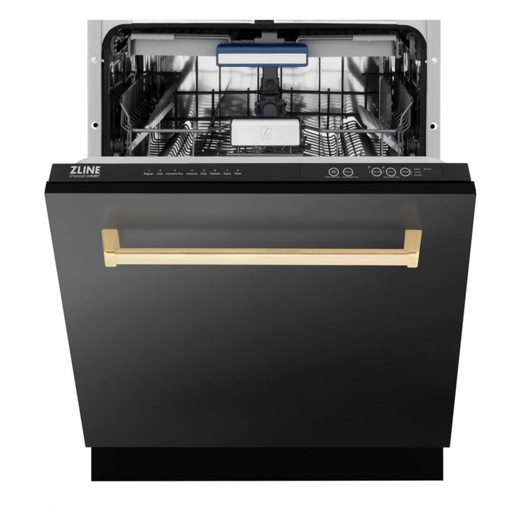 ZLINE  24" Autograph Edition 3rd Rack Top Control Tall Tub Dishwasher in Black Stainless Steel with Champagne Bronze Handle, 51dBa