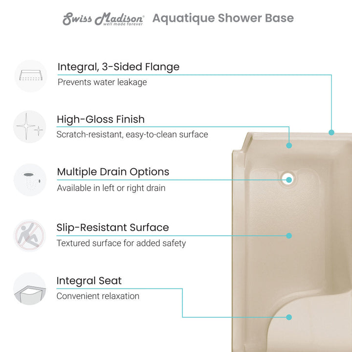 Aquatique 60" x 32" Single Threshold Shower Base With Right Hand Drain and Integral Left Hand Seat in Biscuit