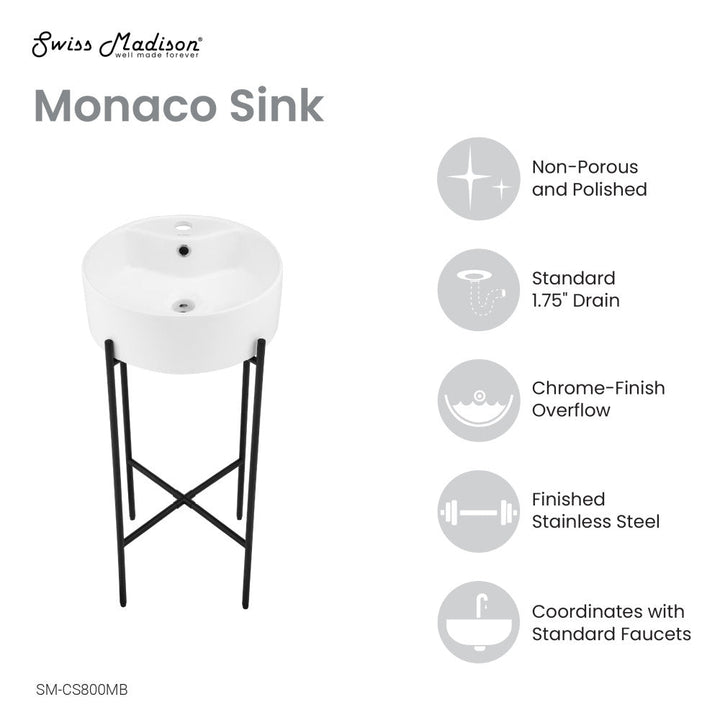 Monaco 15.75" Round Console Sink with Faucet Mount, White Basin Matte Black Legs