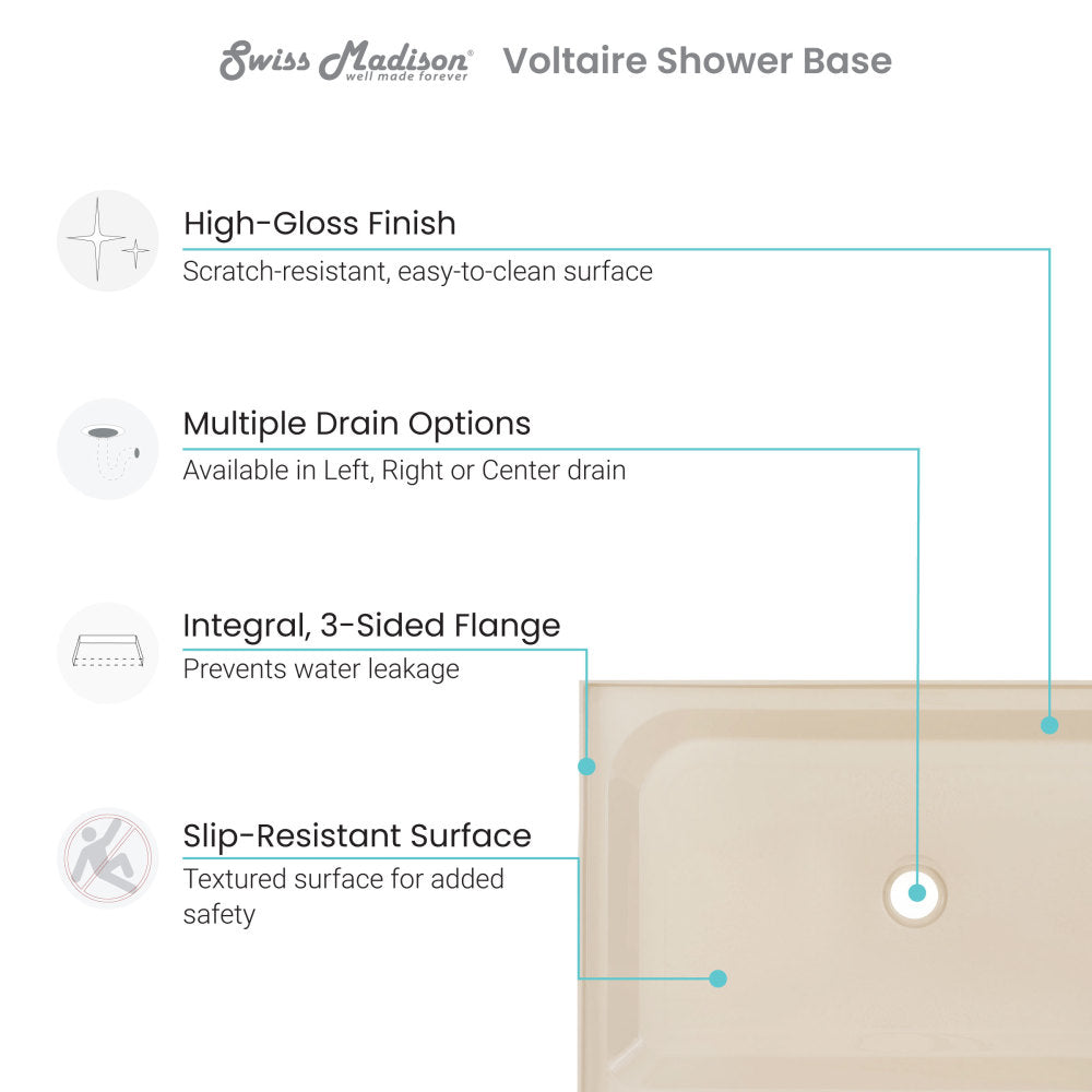 Voltaire 48" x 36" Single-Threshold, Center Drain, Shower Base in Bisque