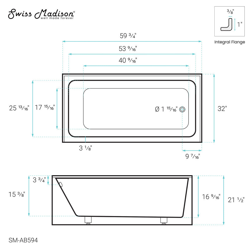 Voltaire 60" x 32" Right-Hand Drain Alcove Bathtub with Apron