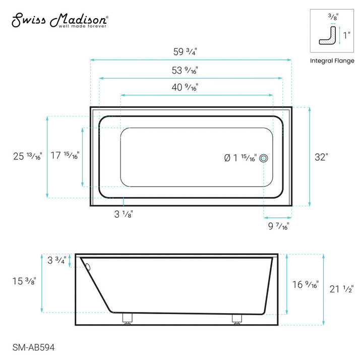 Voltaire 60" x 32" Right-Hand Drain Alcove Bathtub with Apron