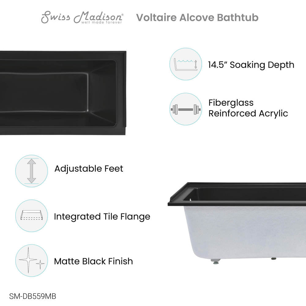 Voltaire 60" x 30" Left-Hand Drain Alcove Bathtub in Matte Black