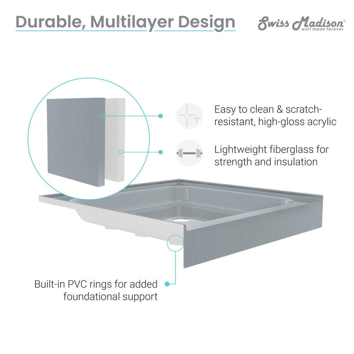 Voltaire 60" x 36" Single-Threshold, Left-Hand Drain, Shower Base in Grey