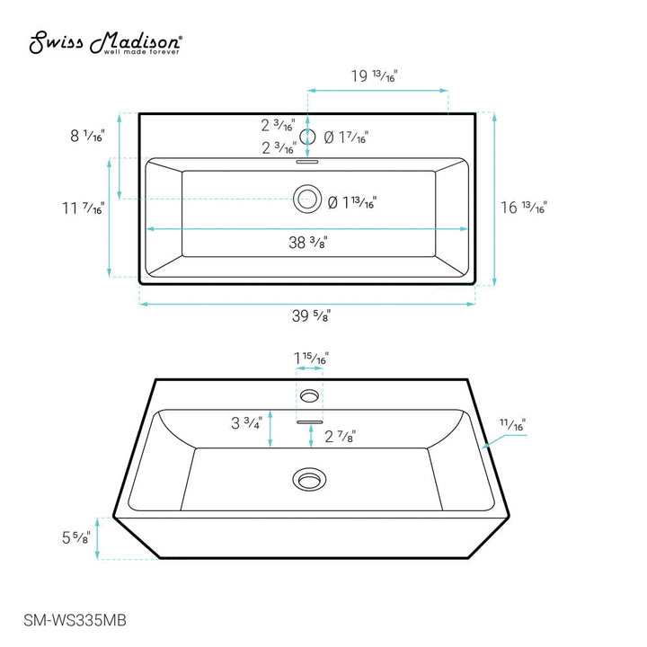 Claire 40" Rectangle Wall-Mount Bathroom Sink in Matte Black