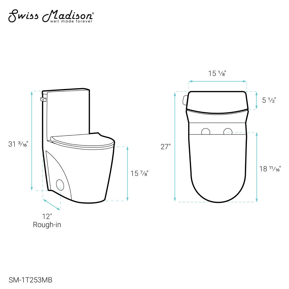 St. Tropez One-Piece Elongated Toilet Left Side Vortex Flush Handle in Matte Black 1.28 gpf