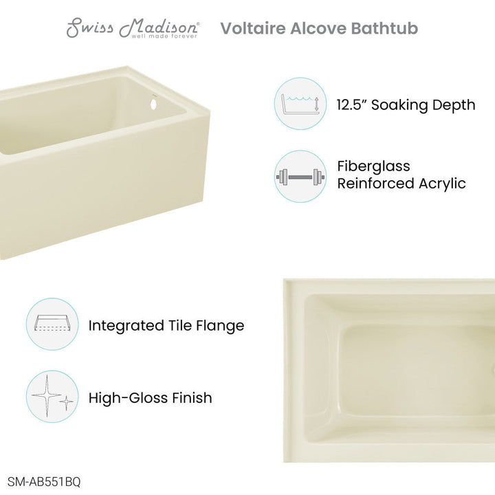 Voltaire 48" x 32" Right-Hand Drain Alcove Bathtub with Apron in Bisque