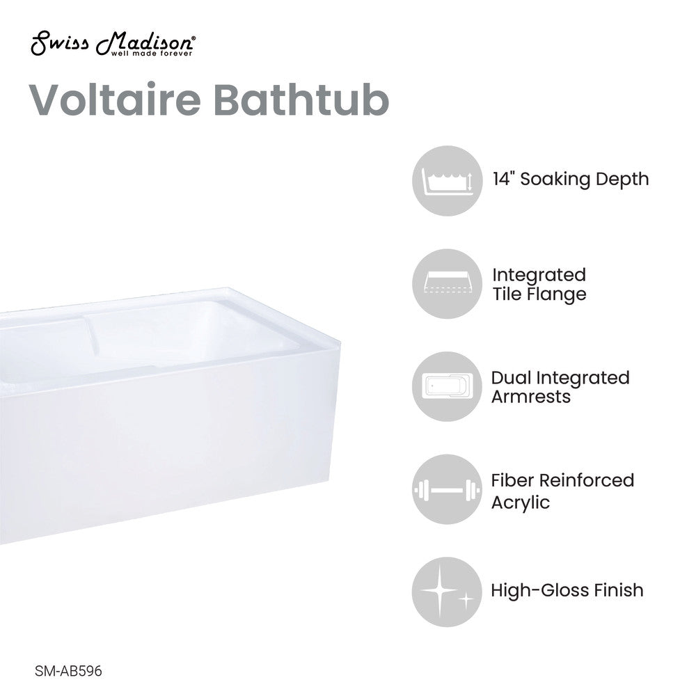 Voltaire 48" x 30" Left-Hand Drain Alcove Integrated Armrest Bathtub with Apron