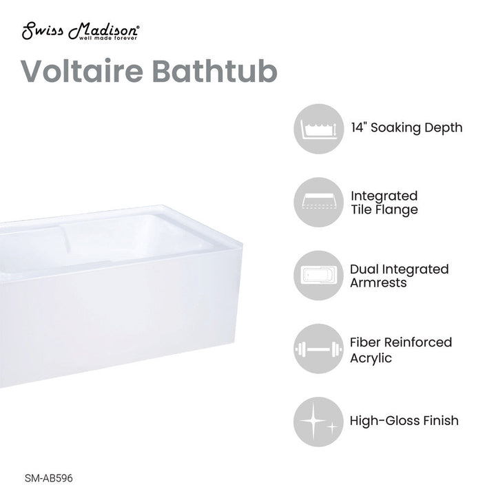 Voltaire 48" x 30" Left-Hand Drain Alcove Integrated Armrest Bathtub with Apron