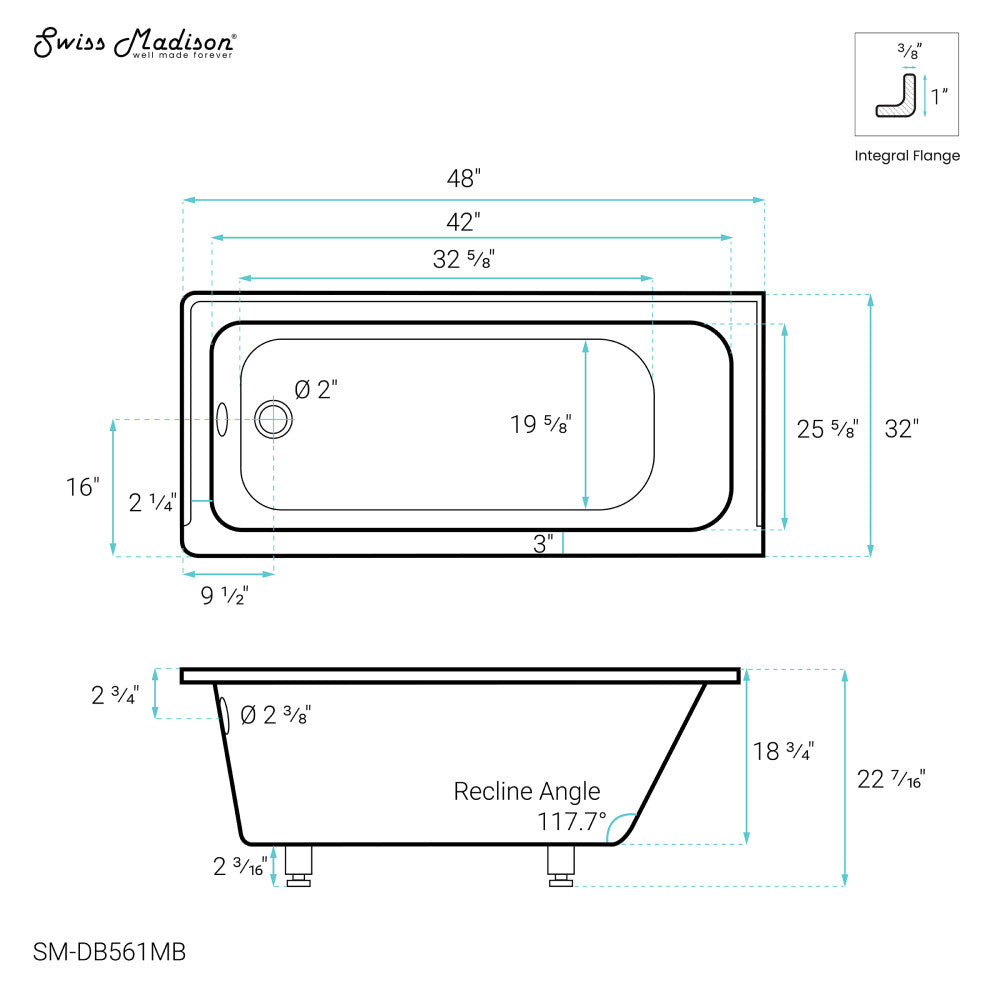 Voltaire 48" x 32" Left-Hand Drain Alcove Bathtub in Matte Black