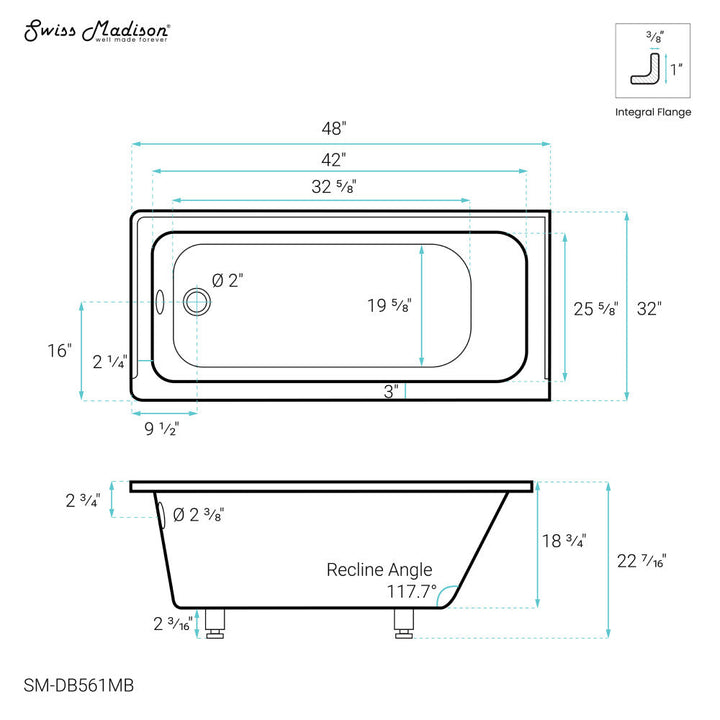 Voltaire 48" x 32" Left-Hand Drain Alcove Bathtub in Matte Black