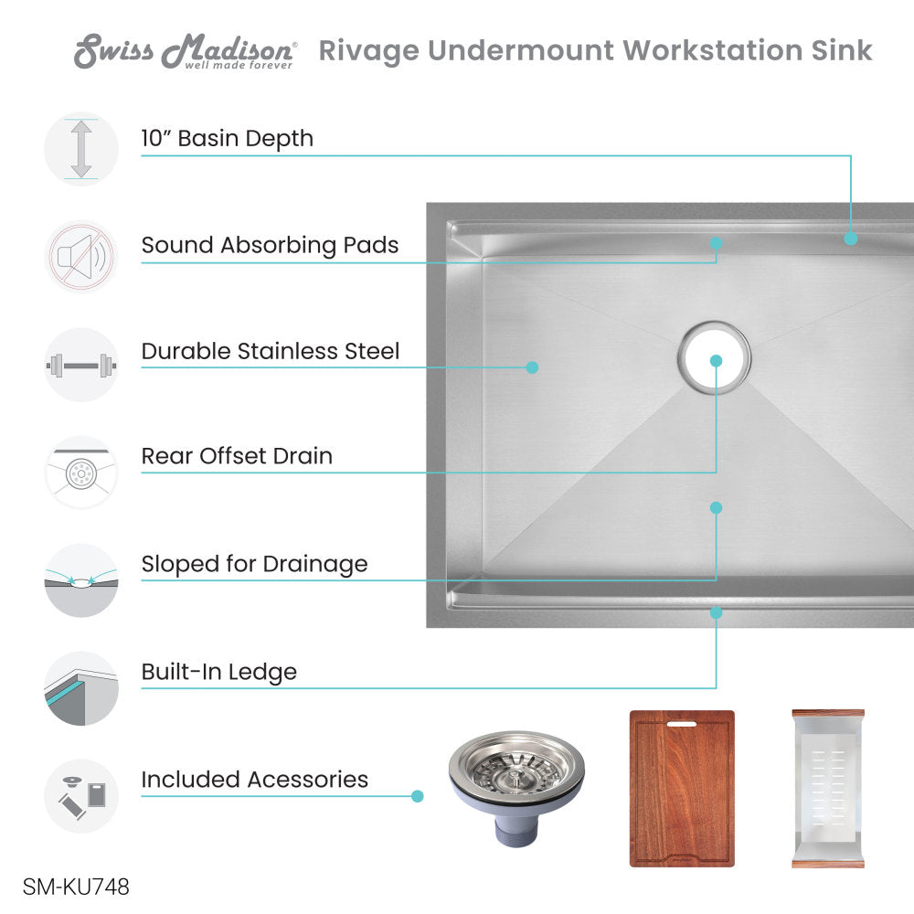 Rivage 30 x 19 Single Basin Undermount Kitchen Workstation Sink