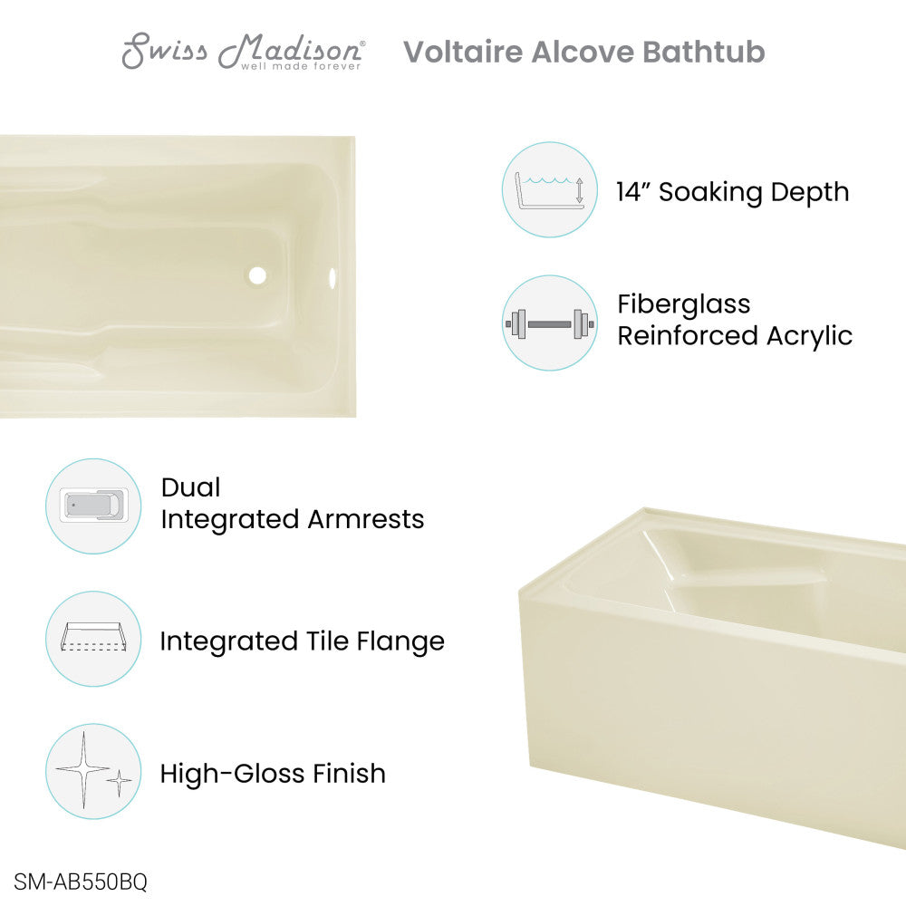 Voltaire 54" x 30" Right-Hand Drain Alcove Bathtub with Apron in Bisque