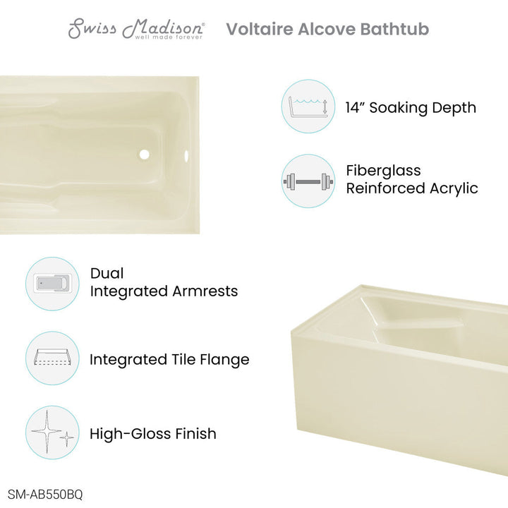 Voltaire 54" x 30" Right-Hand Drain Alcove Bathtub with Apron in Bisque