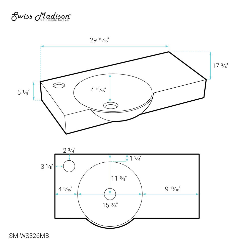 Chateau 30" Left Side Faucet Wall-Mount Bathroom Sink in Matte Black