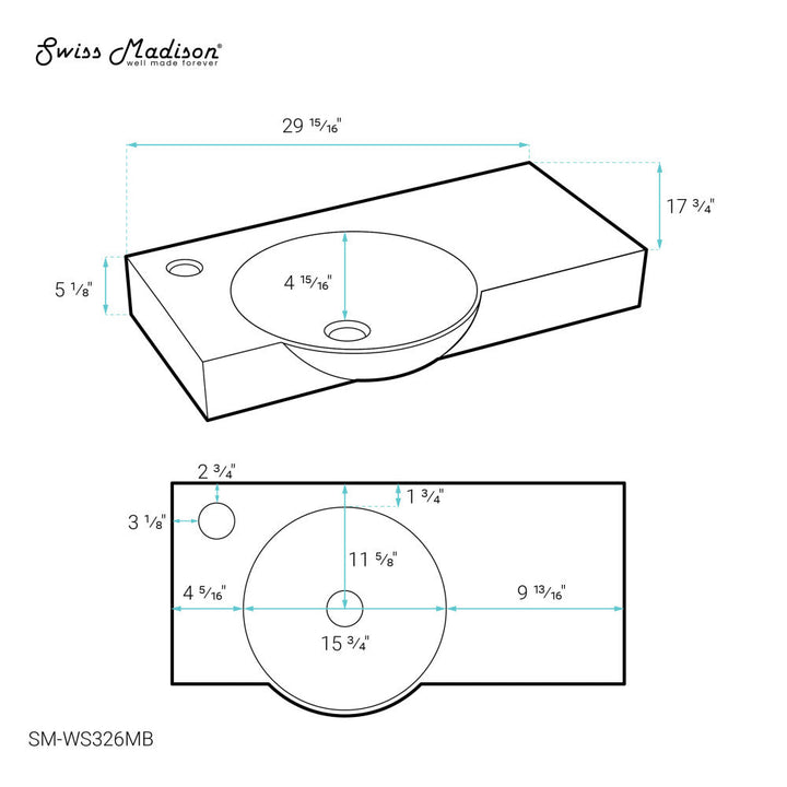 Chateau 30" Left Side Faucet Wall-Mount Bathroom Sink in Matte Black