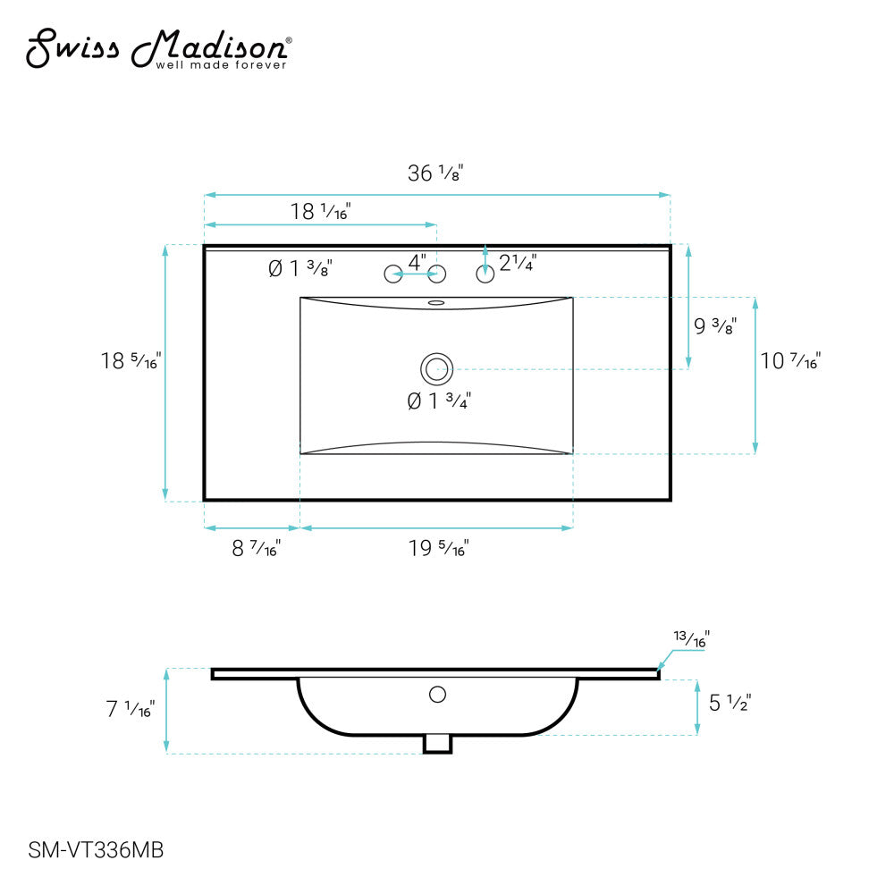 36" Ceramic Vanity Top with Single Faucet Hole in Matte Black