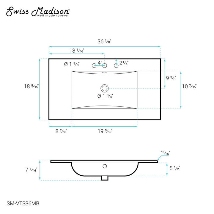36" Ceramic Vanity Top with Single Faucet Hole in Matte Black