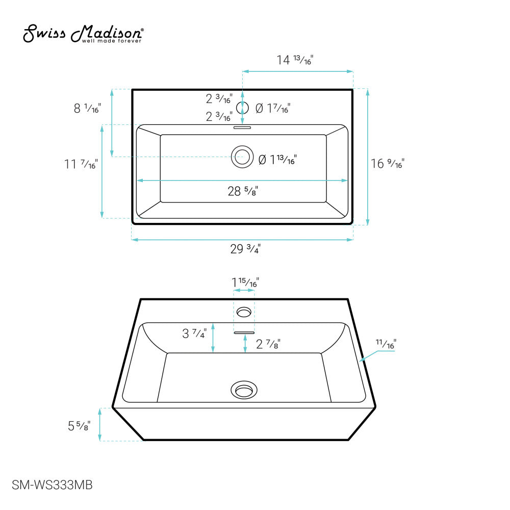 Claire 30" Rectangle Wall-Mount Bathroom Sink in Matte Black