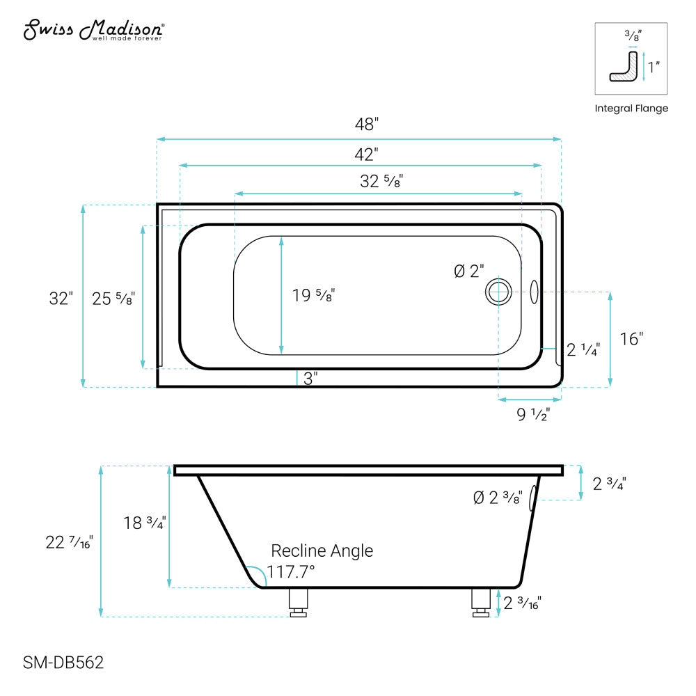 Voltaire 48" x 32" Right-Hand Drain Alcove Bathtub