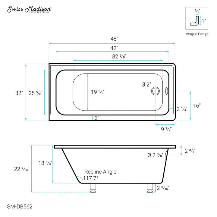 Voltaire 48" x 32" Right-Hand Drain Alcove Bathtub
