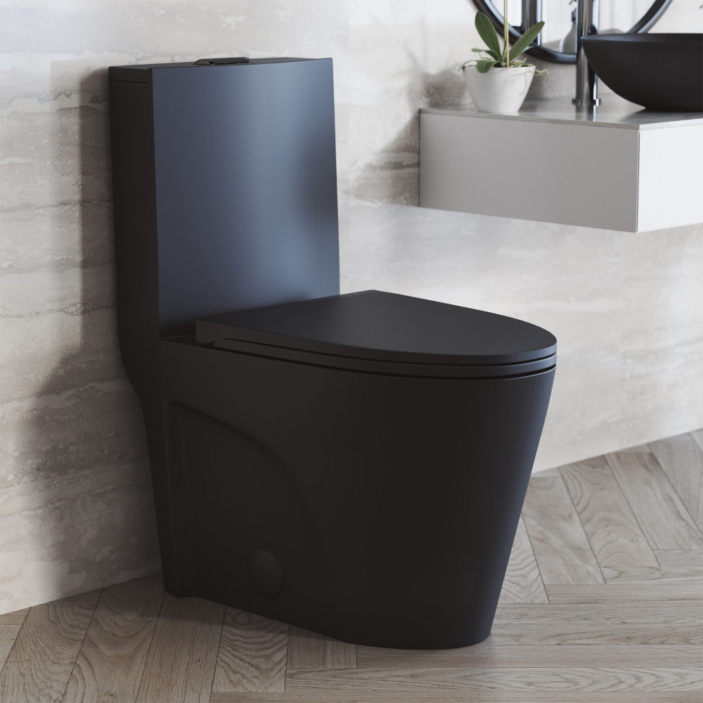 St. Tropez One Piece Elongated Toilet Dual Vortex™ Flush in Matte Black, Black Hardware 1.1/1.6 gpf