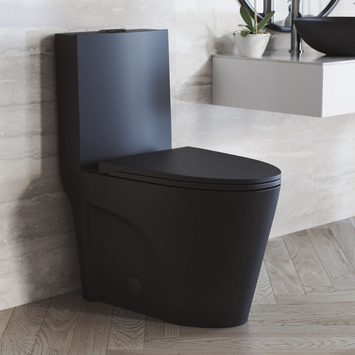 St. Tropez One Piece Elongated Toilet Dual Vortex™ Flush in Matte Black, Black Hardware 1.1/1.6 gpf
