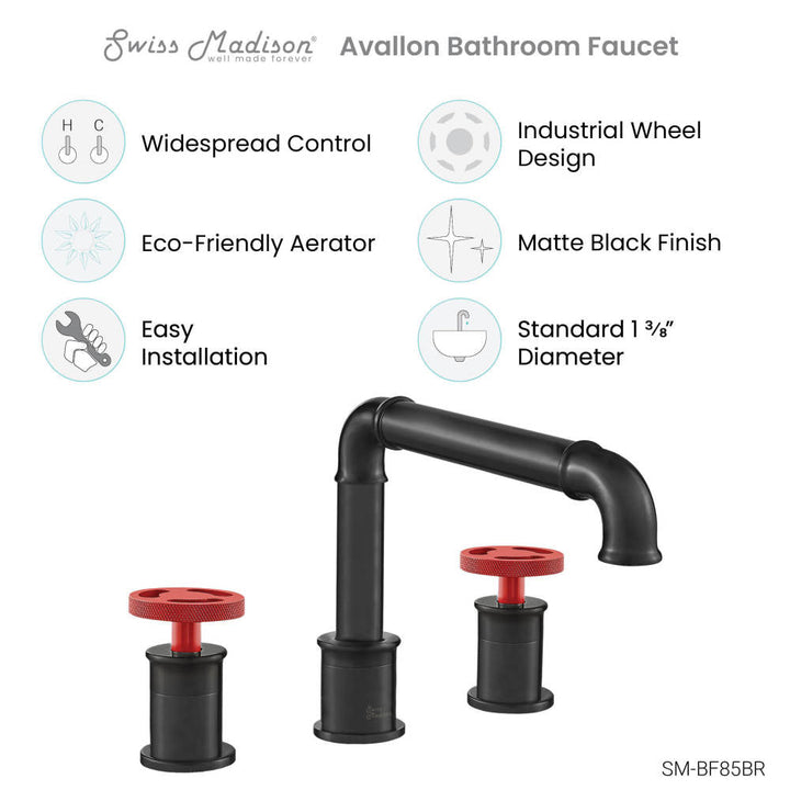 Avallon 8 in. Widespread, 2-Handle Wheel, Bathroom Faucet in Matte Black with Red Handles