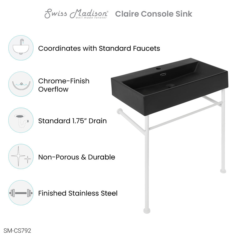 Claire 30 Ceramic Console Sink Matte Black Basin Matte White Legs